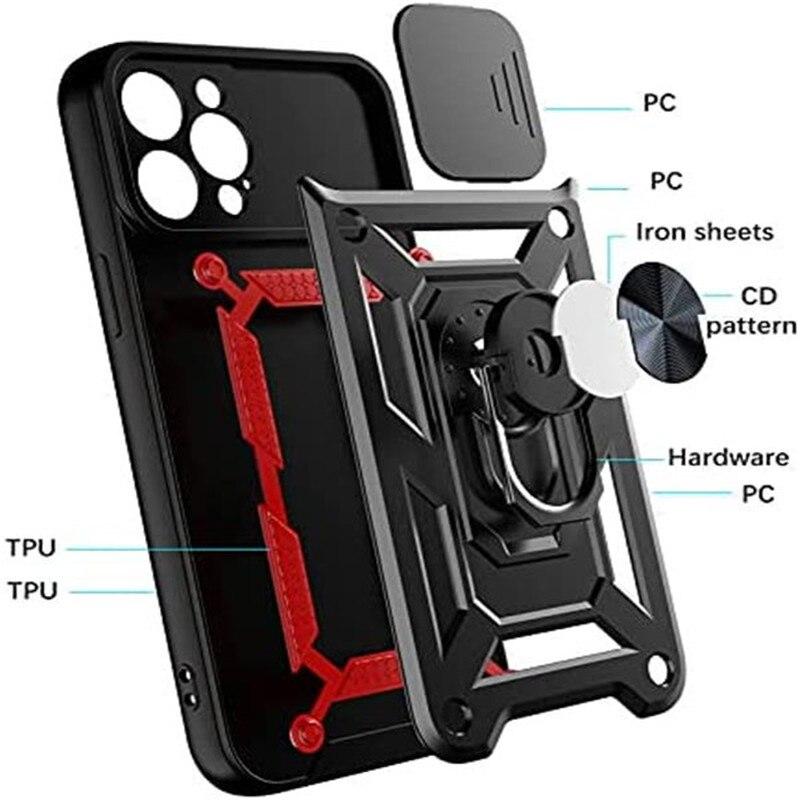 Luxury Sliding Lens Protection Armor Case For iPhone Samsung Huawei Xiaomi Redmi Magnetic Ring Shockproof Cover