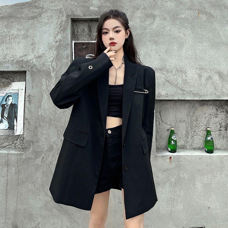 Премиальное черное пальто свободного кроя с уникальным дизайном для женщин, уличный модный шикарный блейзер небольшого размера с первоклассным ощущением