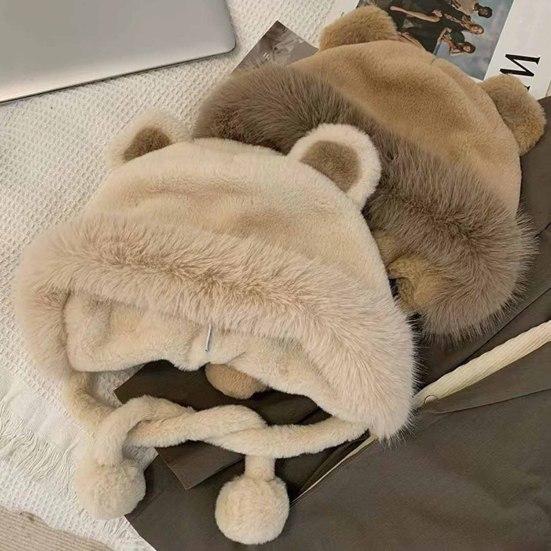 Women Plush Hat with Cute Bear Ears Soft Fuzzy Warm Thick Lace-up Windproof Strap Autumn Winter Outdoor Cycling Girls Ear Protection Cap Gift Choice