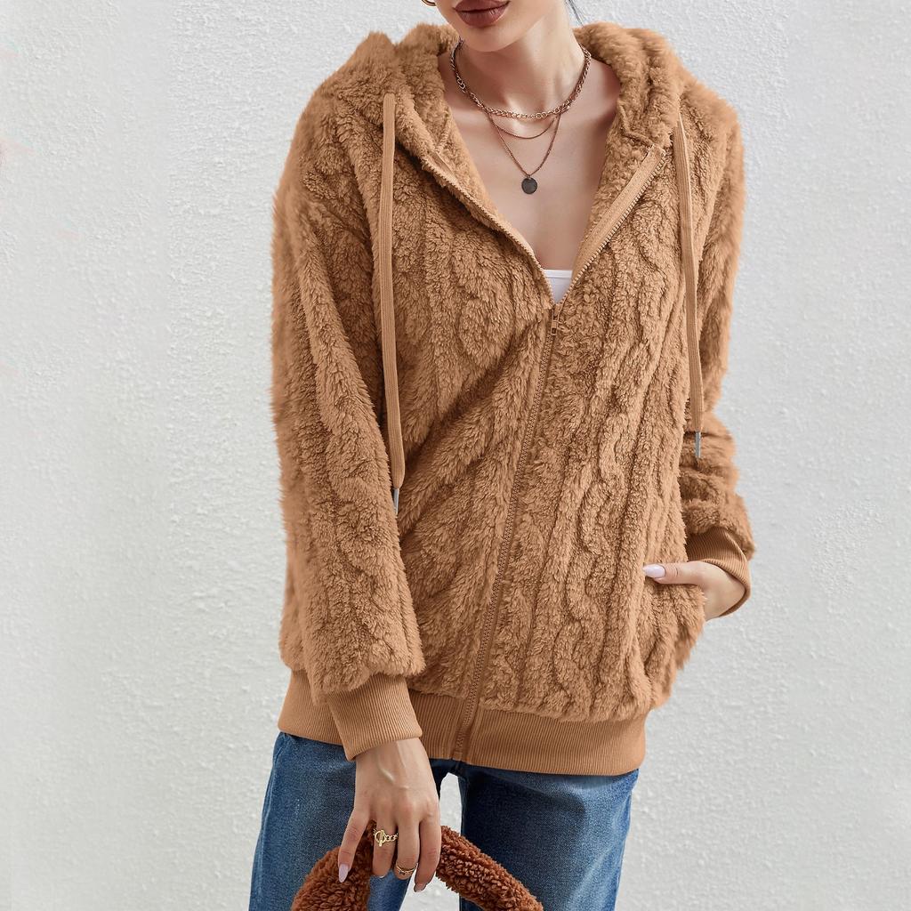 Women's Fashion Long Sleeve Solid Color Pocket Plush Cardigan Hooded Zipper Sweatshirt Jacket