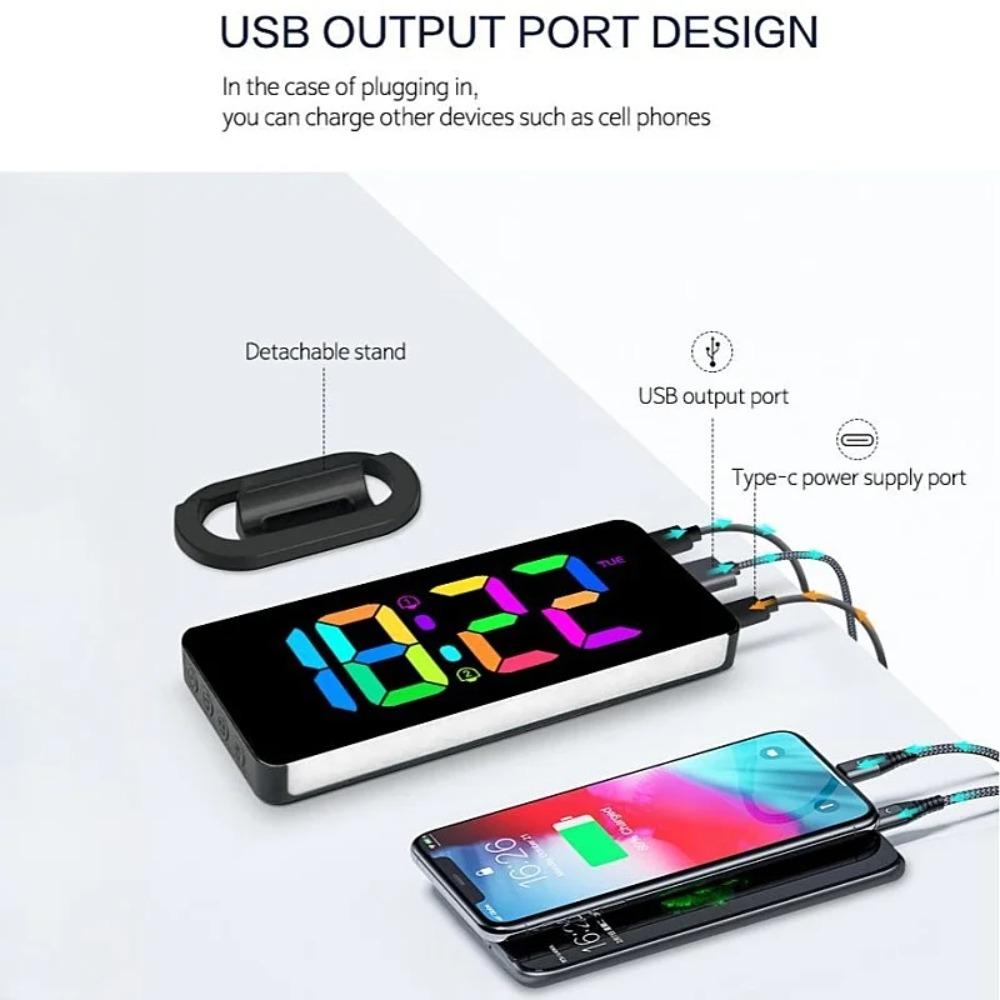 Цифровой будильник RGB с подсветкой RGB, 2 будильника, ночной режим, неограниченный повтор сигнала, настольные часы, выход 12/24 ч, зарядка через USB, светодиодные часы