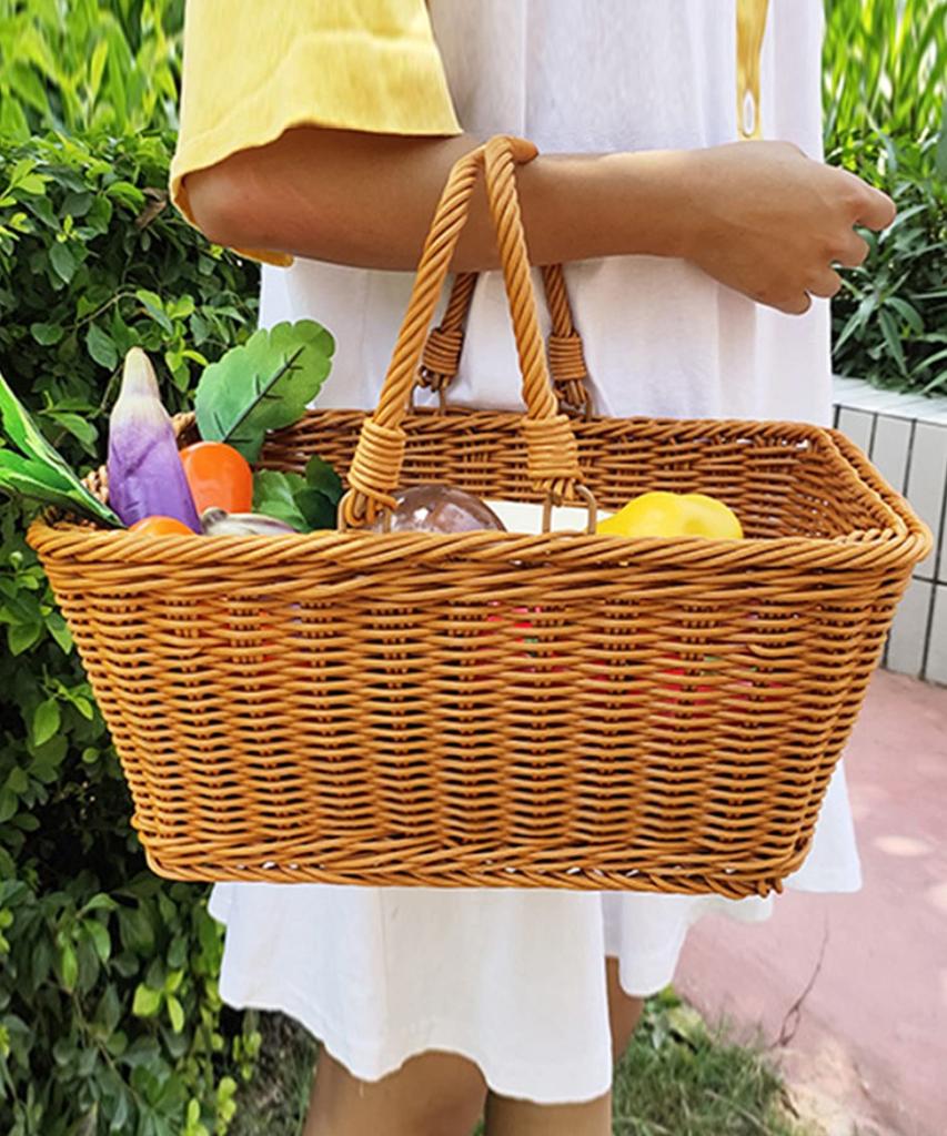 Aimoha Picnic Basket with Storage, Plastic Handles, Lunch Basket, 2 Handles [Brown, Small]