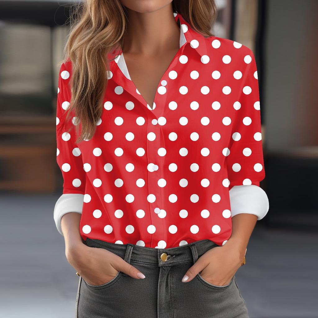 Женская рубашка-блузка с принтом и пуговицами, длинный рукав, повседневный базовый рубашечный воротник, обычный топ