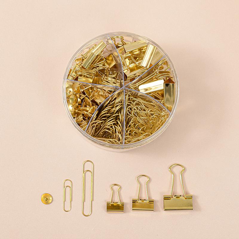 Офисный набор с покрытием из розового золота: 6-секционные зажимы с длинным хвостом, скрепки для бумаги, металлические кнопки, кнопки и место для хранения переплета.