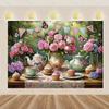 2D Vintage Tea Party Backdrop Pink Roses Teapot Cupcake Garden Background