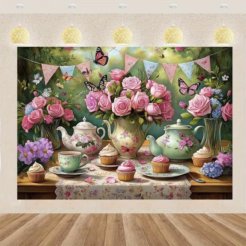 2D Vintage Tea Party Backdrop Pink Roses Teapot Cupcake Garden Background
