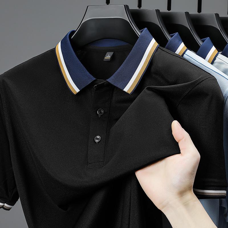 Роскошная модная мужская футболка-поло с коротким рукавом, летняя, высококачественный дышащий ледяной шелк, с полосатым колор-блоком, отложным воротником, футболка