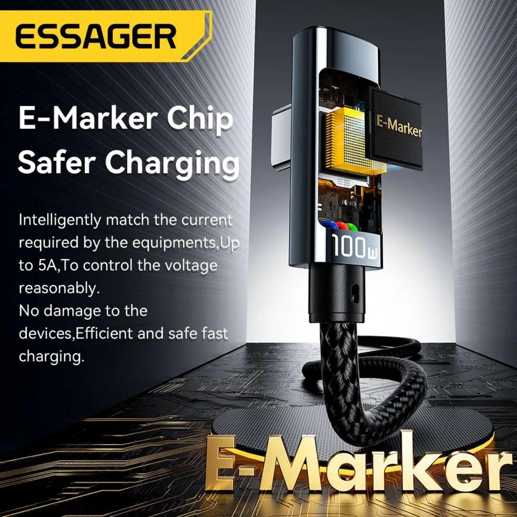 Essager PD100W Кабель USB Type C к USB C 5A Кабель для быстрой зарядки 90 ° Кабель цифрового светодиодного дисплея для компьютеров и мобильных телефонов
