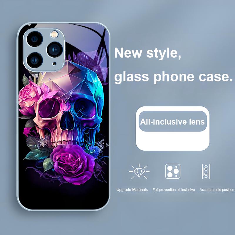 Мультяшная Роза и Череп Фиолетовый Для iPhone 15 14 13 12 Mini 11 Pro Max X XS XR 7 8 Plus 2020 22 SE Закаленное Стекло Чехол для Телефона