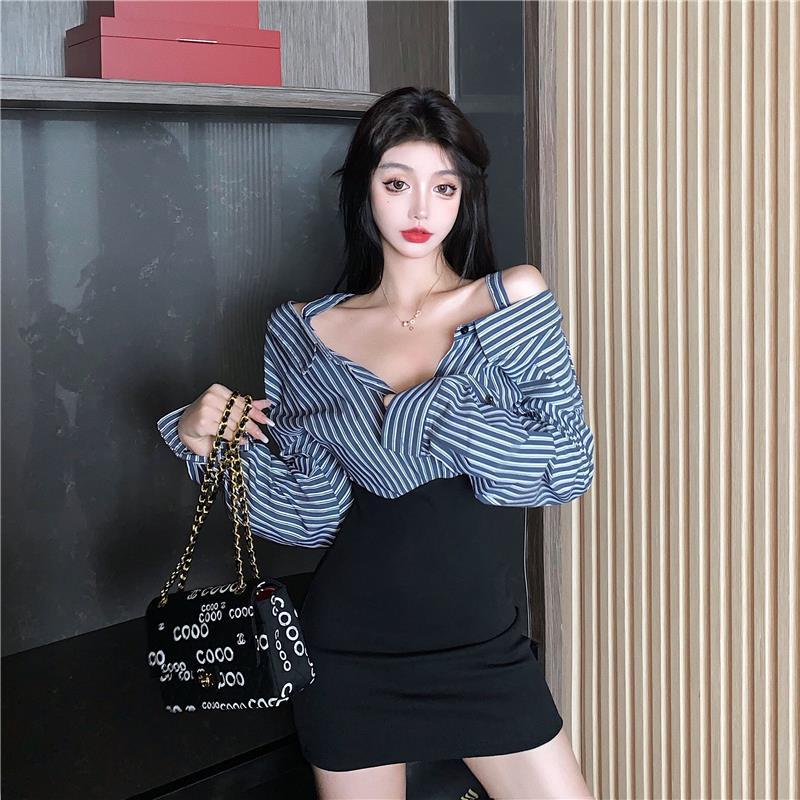 Spring Women's Off Shoulder Striped Shirt Dress White Patchwork All-match Female Streetwear Y2k Vintage Dresses
