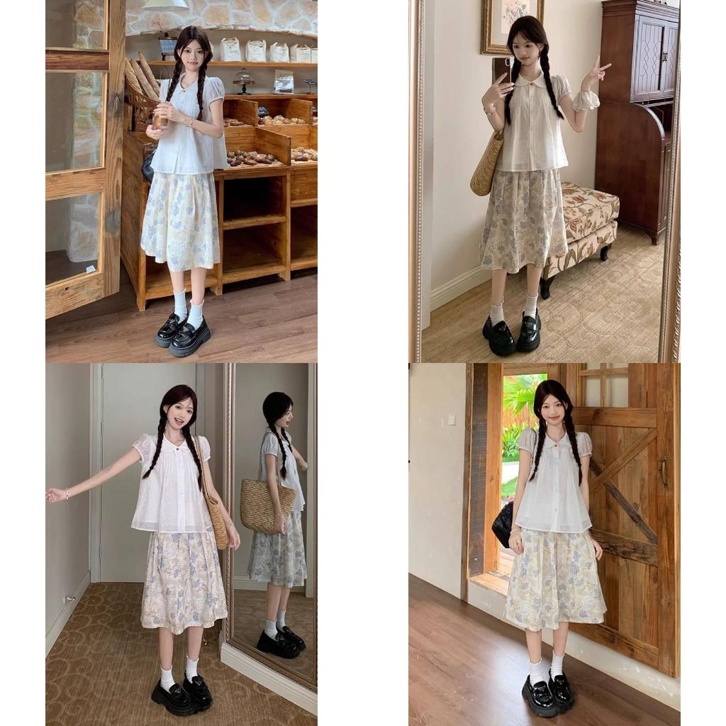 Girls Summer Floral High Waist Midi Skirt With Splicing Print For Casual Wear