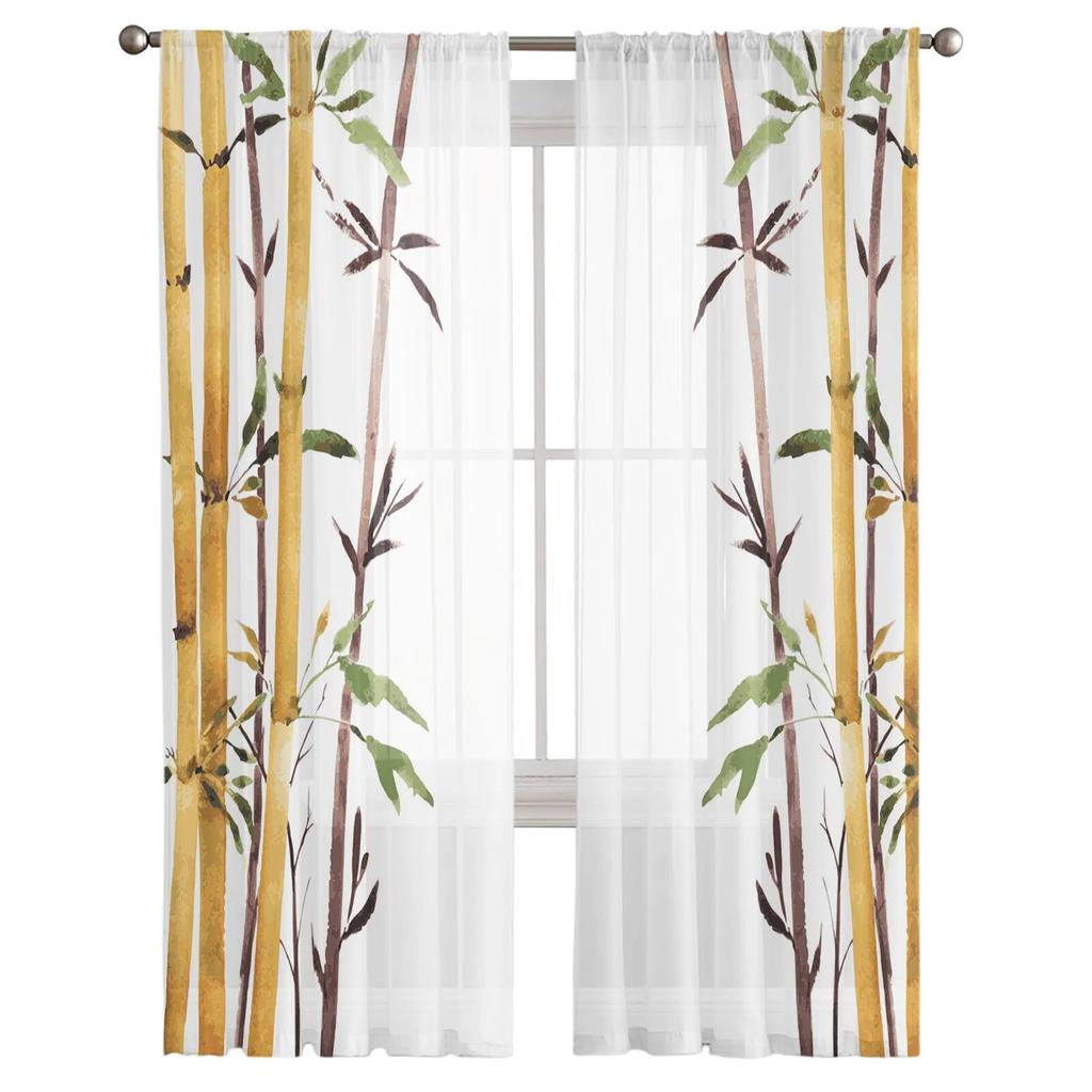 Bamboo Watercolor Painting Tulle Curtains For Living Room Bedroom Voile Curtain Home Decoration Sheer Balcony Door Curtain