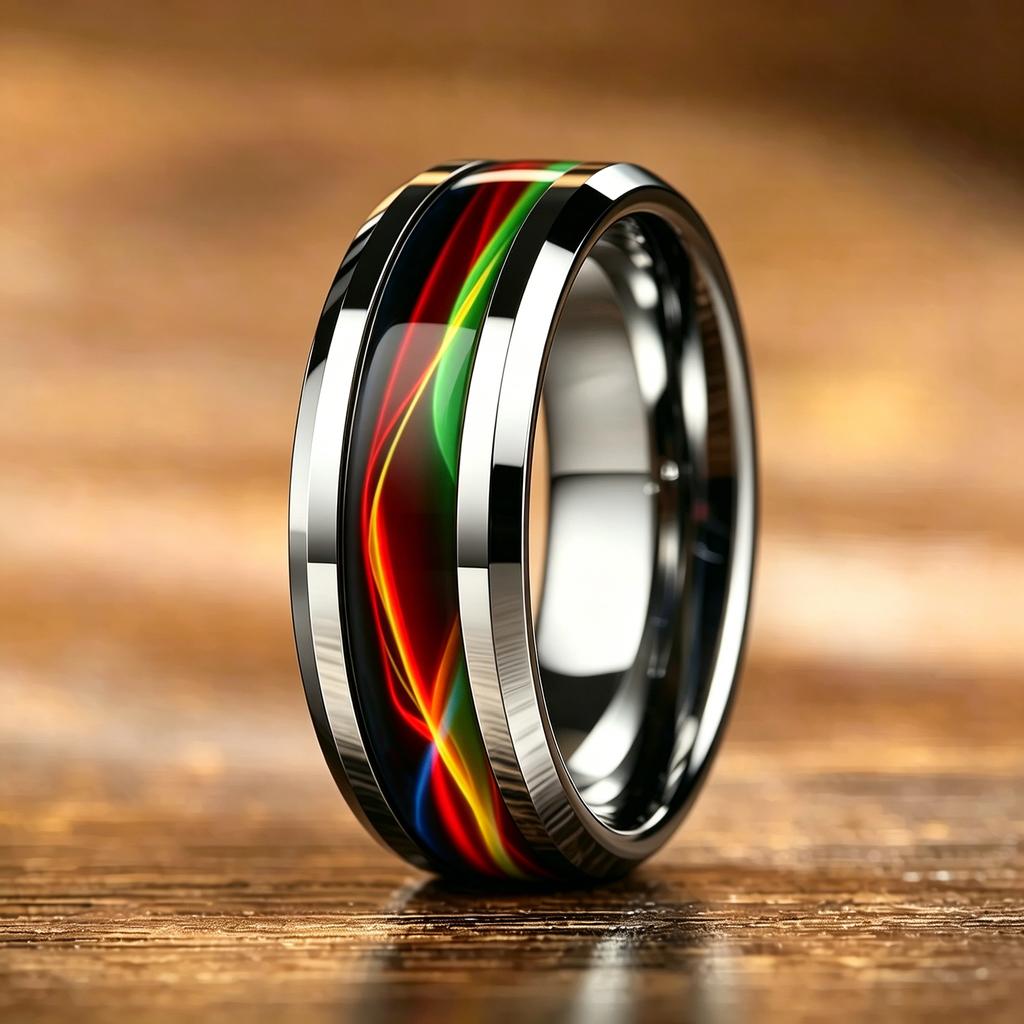 Fashion Men Stainless Steel Rings, 8mm Cyberpunk Rainbow Aurora Grain Inlay Rings for Men High Polished Wedding Bands Jewelry