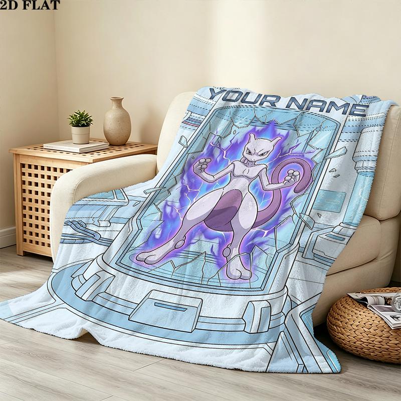 Custom Name,Mewtwo Printed Flannel Blanket, soft throw for bedroom sofa, washable, Christmas present, great gift.