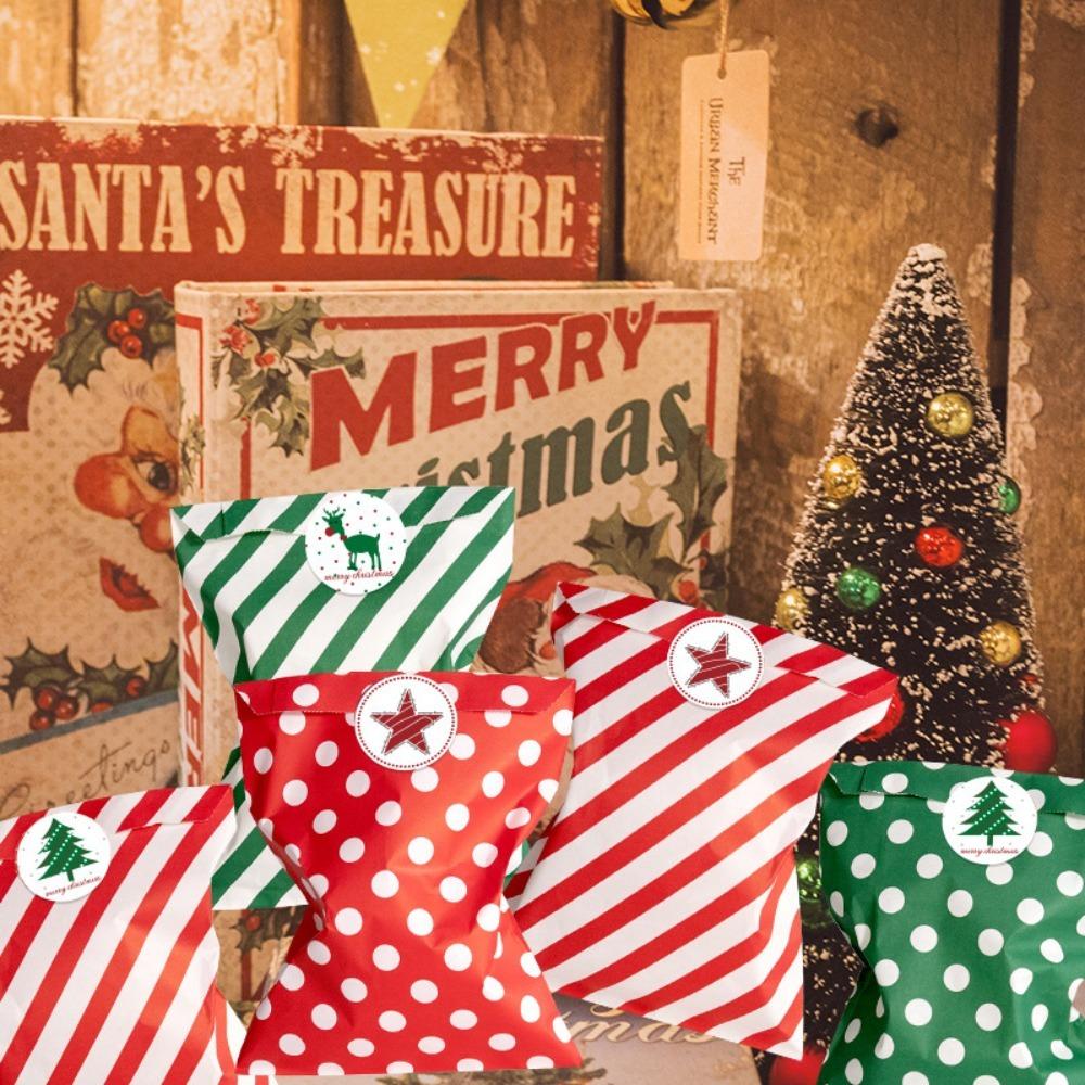 24Pcs Polka Dot Striped Pattern Christmas Paper Candy Bag with Stickers Green/Red Christmas Gift Paper Bags Mixed Style