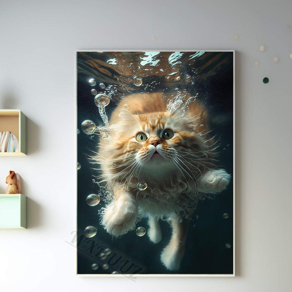 Funny Cute Swimming Cats Pictures For Cat Lovers Room Living Canvas Painting Art Home Wall Decor Print Aesthetics Posters Gift