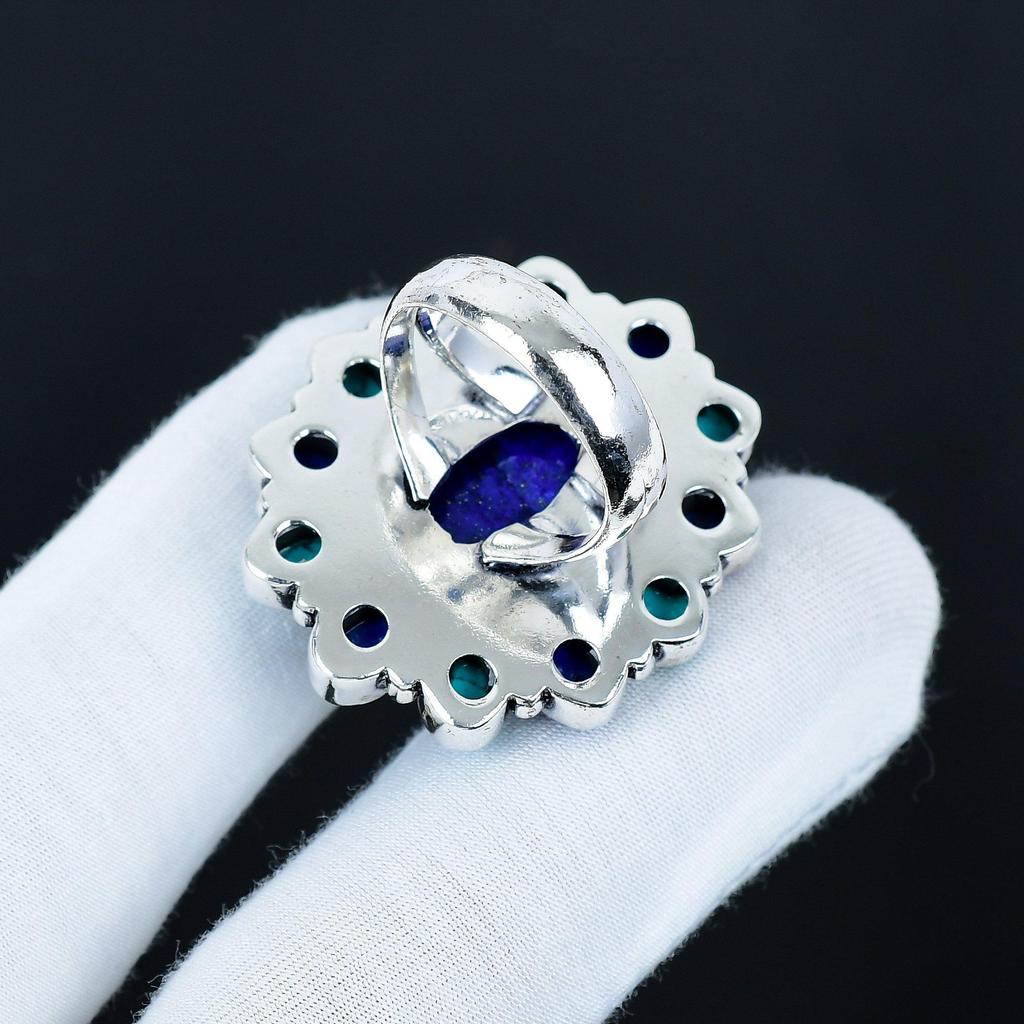 Бирюзовое, Кольцо с драгоценным камнем лазуритом, Кольцо из стерлингового серебра 925 пробы, Подарок для нее, Овальный камень, Элегантное кольцо ручной работы, Серебряное кольцо с цветком из лазурита