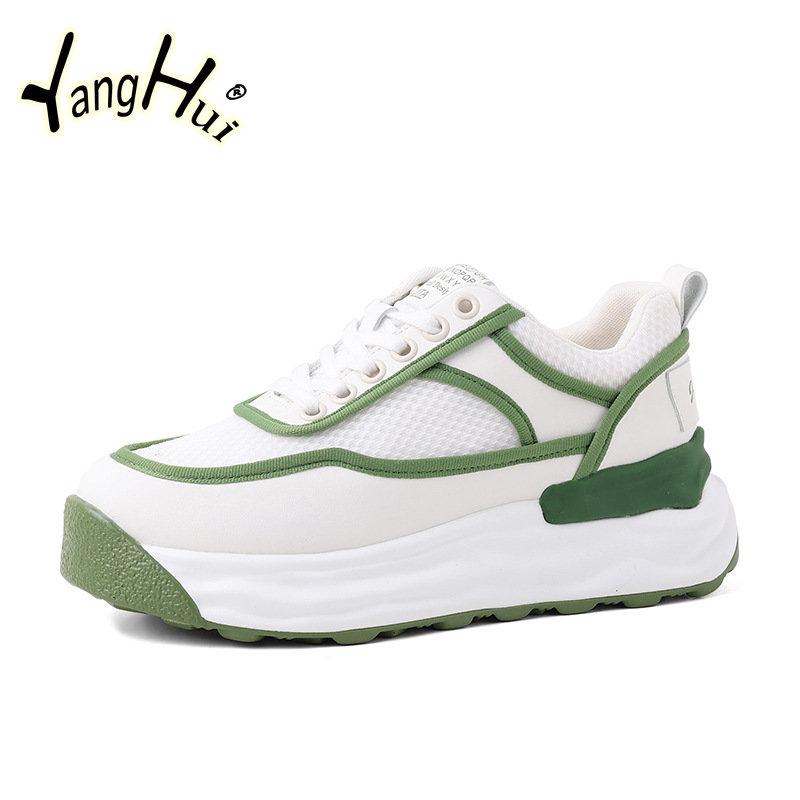 Модные зеленые сетчатые дышащие спортивные повседневные модные универсальные туфли на платформе для женщин в корейском стиле, кроссовки с вставками, весна-осень