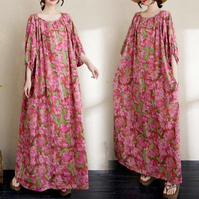 Реальное фото Лето Новое Литературное Большой размер Свободное Принт Круглый вырез Рукав три четверти Платье Женское Длинное платье