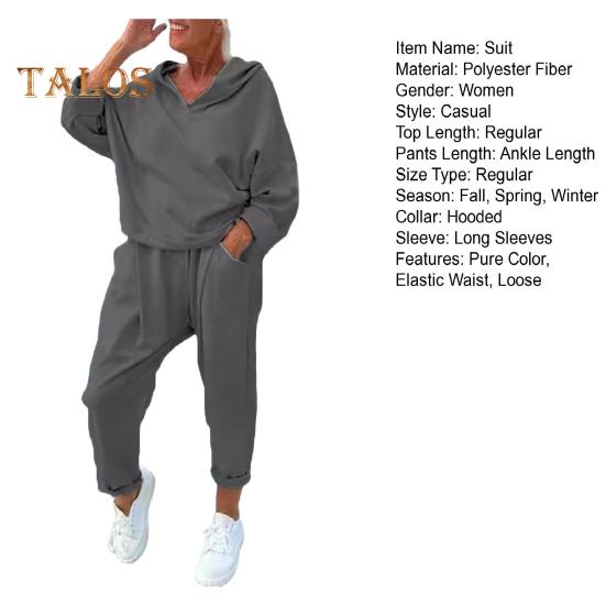 2 шт./комплект женский весна осень топ брюки комплект с капюшоном однотонный длинный рукав толстовка с капюшоном эластичный пояс спортивные штаны спортивный костюм повседневный спортивный костюм