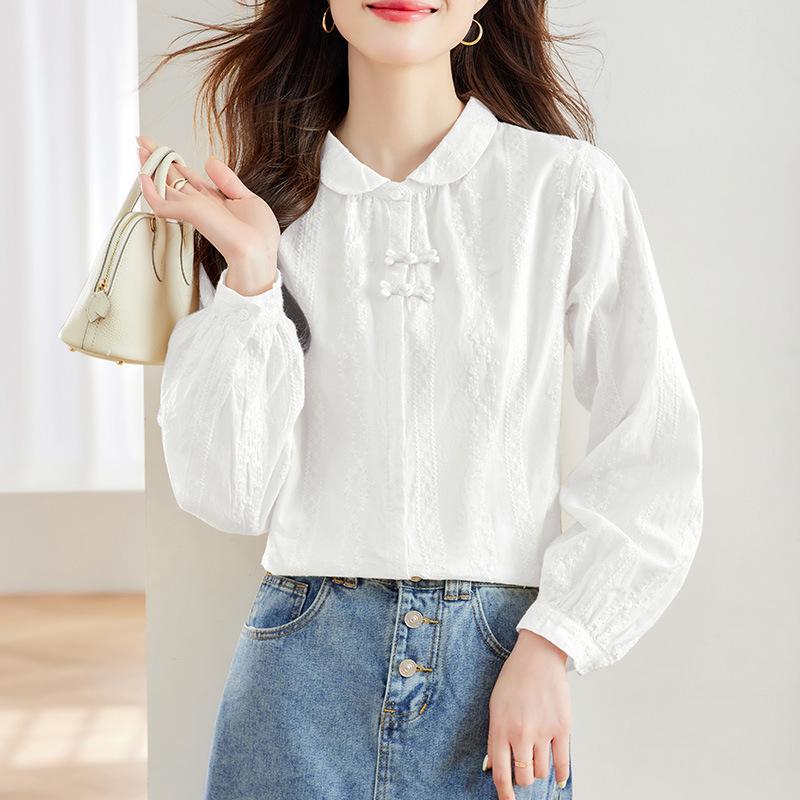 Women's Apricot Embroidered Long-Sleeve Cotton Shirt