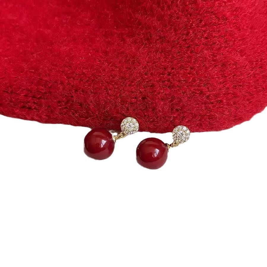 ANENJERY Серьги из искусственного жемчуга с геометрическим узором из красного вина и циркония для женщин, элегантные, темпераментные, ретро, элитные, нишевые серьги, ювелирные подарки