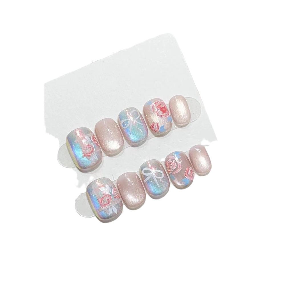 Pure Hand-made Armor Atmosphere Hand-painted Rose Bow Fantasy Color Cat Eye Nail Art Daily Short Style Removable