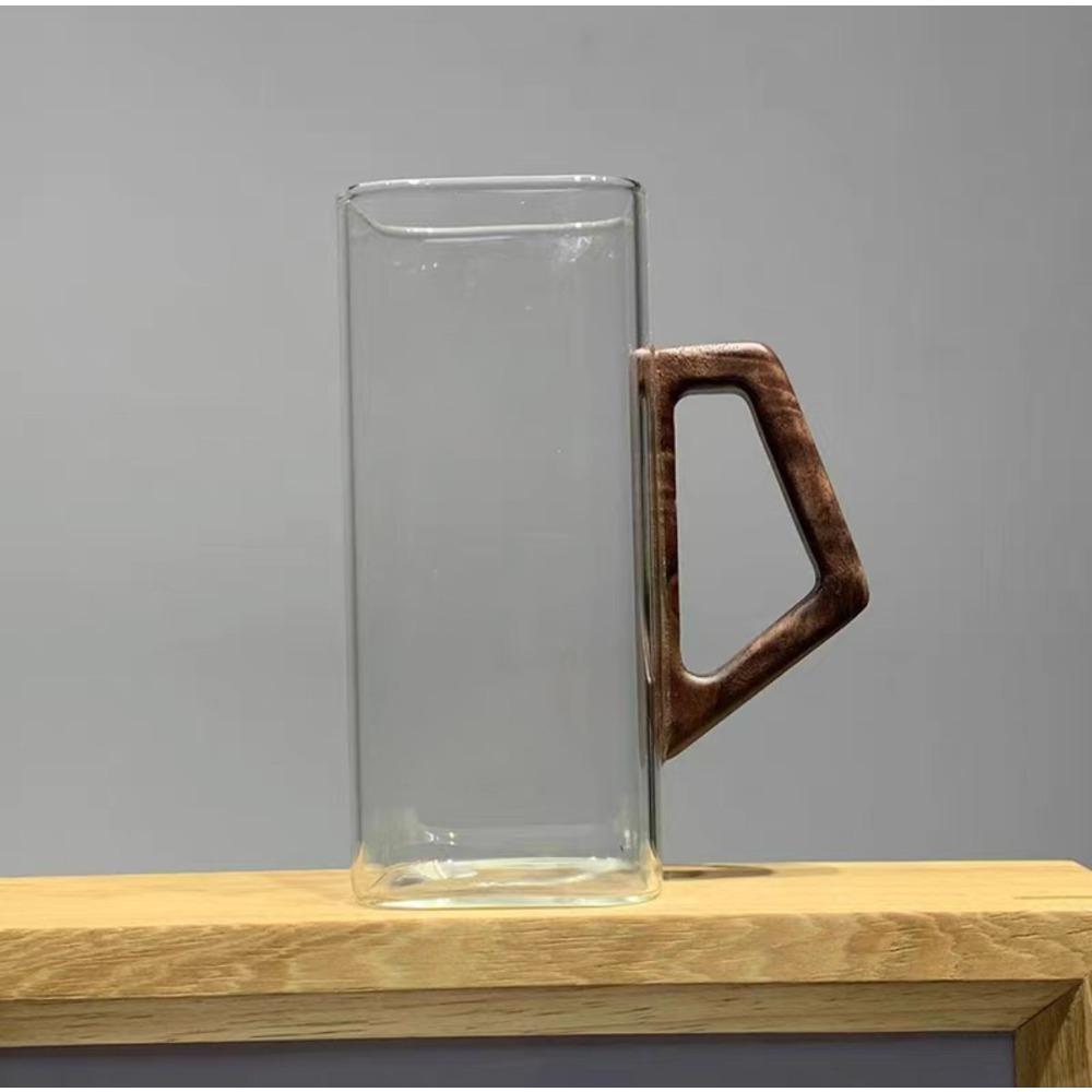 Утолщенная деревянная ручка стекло Бытовая прозрачная квадратная чашка для молока и завтрака с возможностью печати Высокоборосиликатное стекло