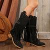 Autumn and Winter Women Pointed Toe Fringes Thick Heel High Boots Plus Size Fashion Retro Rivet Belt Buckle Zipper Mid-Calf Boot