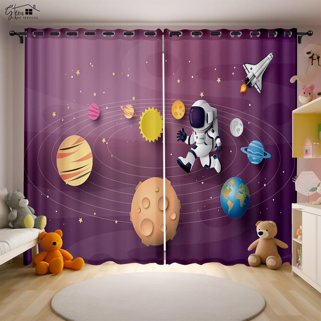 Cartoon Aerospace 3D Printing Drapes Astronaut Spaceman Spaceship Rocket Moon Planet Bedchamber Children ' s SpaceDrapes