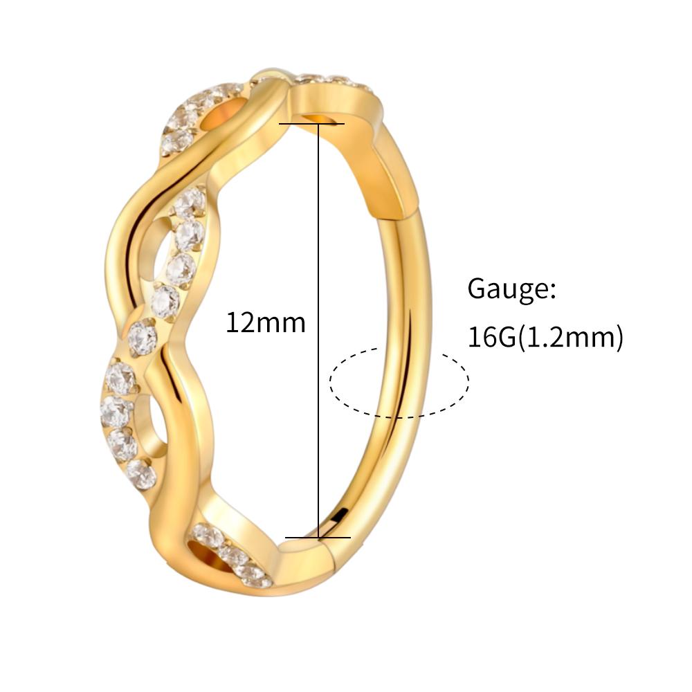 Правое большое серьга-кольцо Huggie из титана ASTM F136, крученая веревка, 16G, бесконечность, цирконий, шарнирный кликер, пирсинг перегородки носа, мочки уха