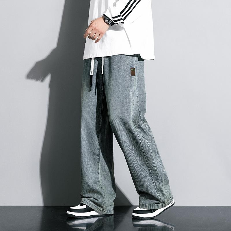 Джинсы Американский Уличный Ретро Эластичная Талия Деним Мужские Свободные Прямые Широкие Брюки