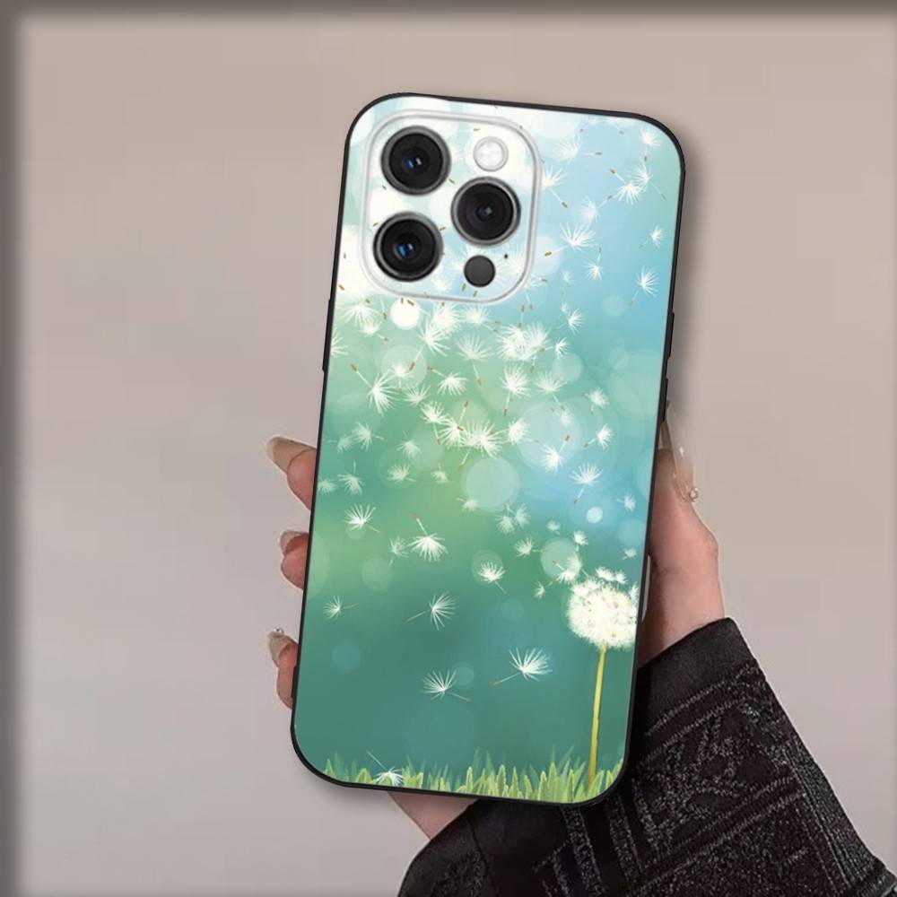 Арт чехол для телефона с цветами одуванчика для iPhone 17,16,15,14,13,12,11,Pro,Max,Plus,Air,X,XS,XR,SE,8,7,Mini, Мягкий черный Funda