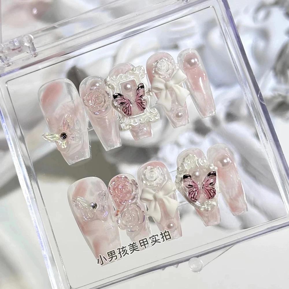 10Pcs Luxury 3D Rhinestone Handmade Transparent Press On Nails Shiny Long Coffin Reusable Full Cover Nail Art Gift