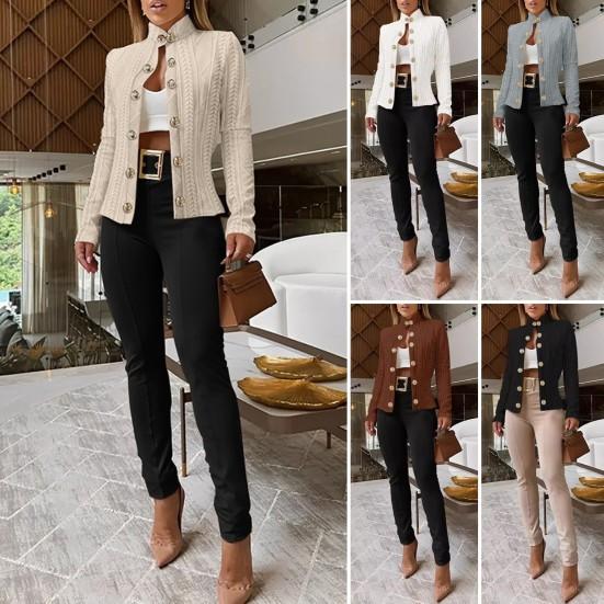 Женская куртка Slim Fit с воротником-стойкой, длинными рукавами, металлическими пуговицами, жаккардовая верхняя одежда чистого цвета, однотонное пальто для поездок на работу и свиданий