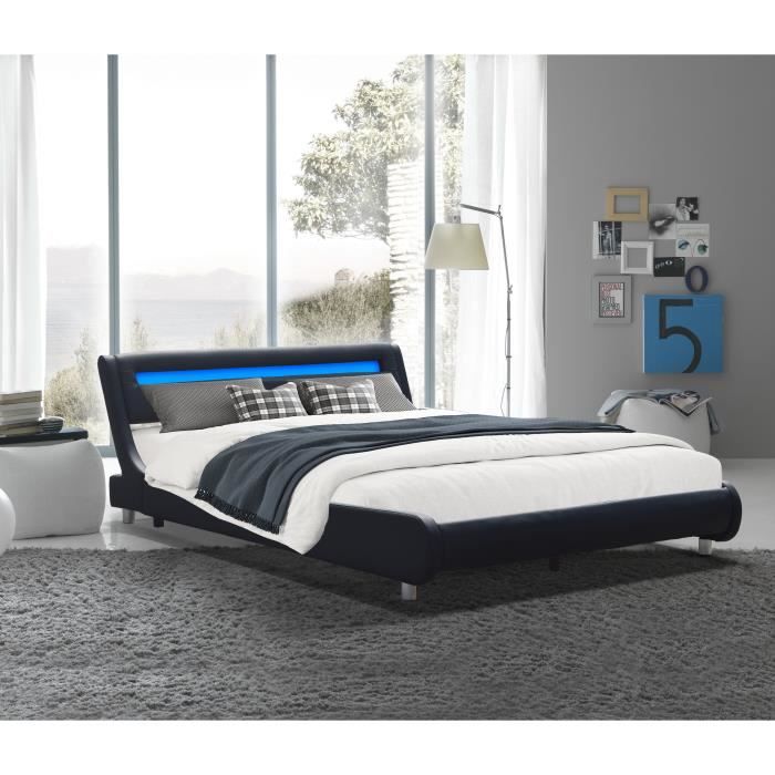 Lit simple en placage MDF massif 140x200 - - Sommier lattes - Tte de Lit Incurve NOIR