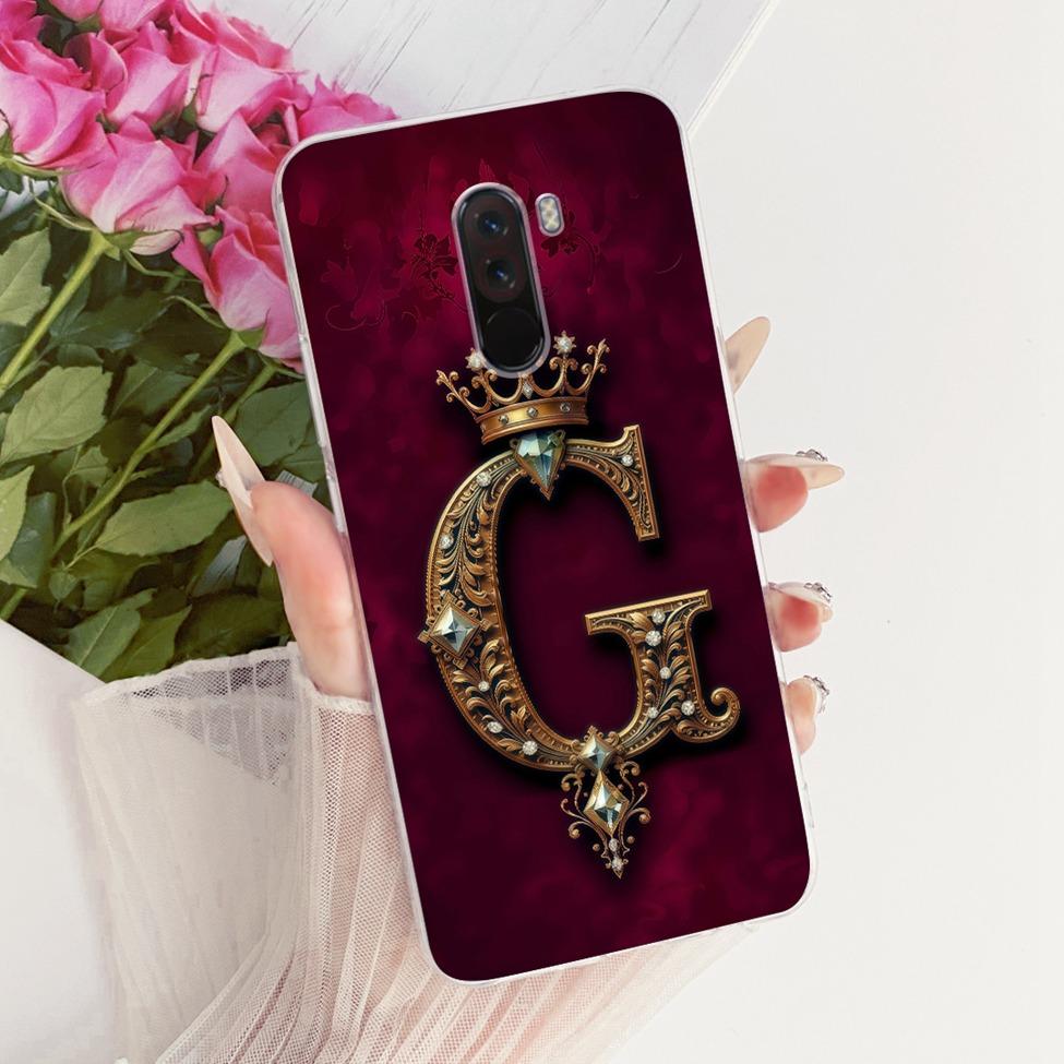 For Xiaomi Pocophone F1 Case Cover Transparent Luxury Crown A-Z Letters 2D Flat Pattern Soft Phone Case For Poco F1 M1805E10A