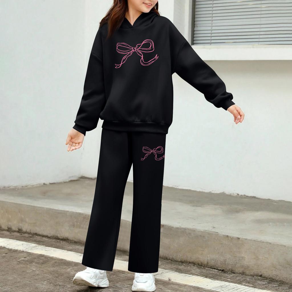 Kids' Plush Long Sleeve Long Pants Loose Pullover Bow Print Hoodie Set