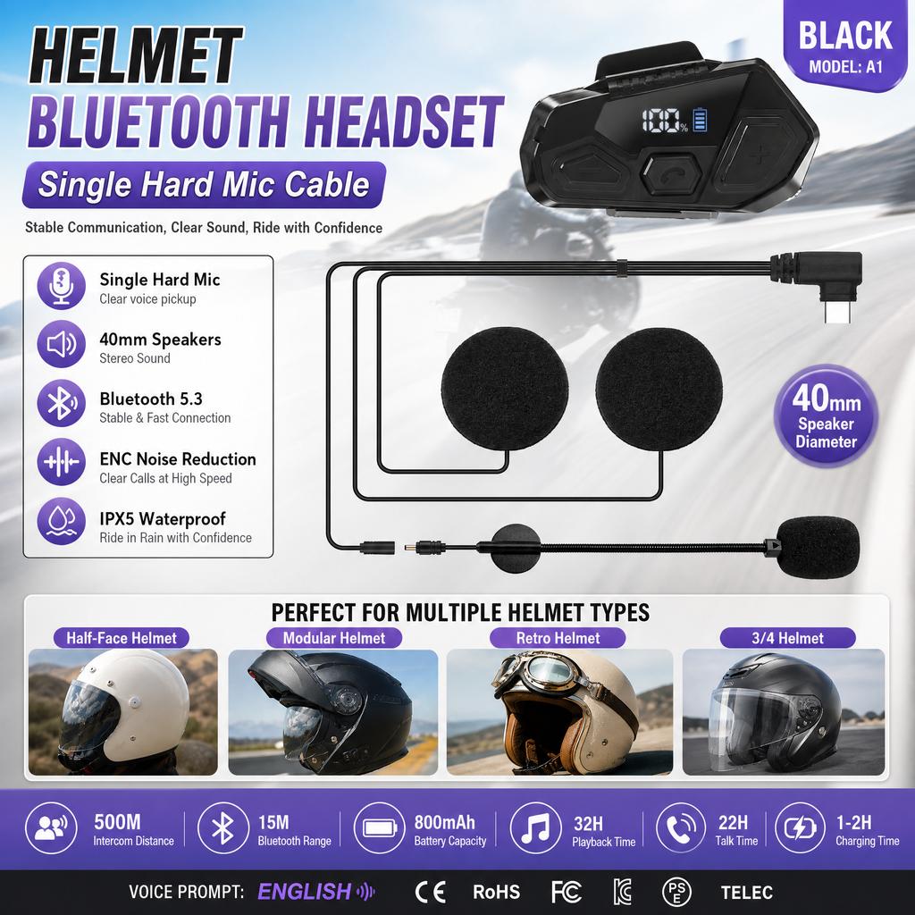 Bluetooth-гарнитура для шлема с Bluetooth 5.3, интерком 500 м, 32 часа воспроизведения, водонепроницаемость IPX5, доступна для различных типов шлемов