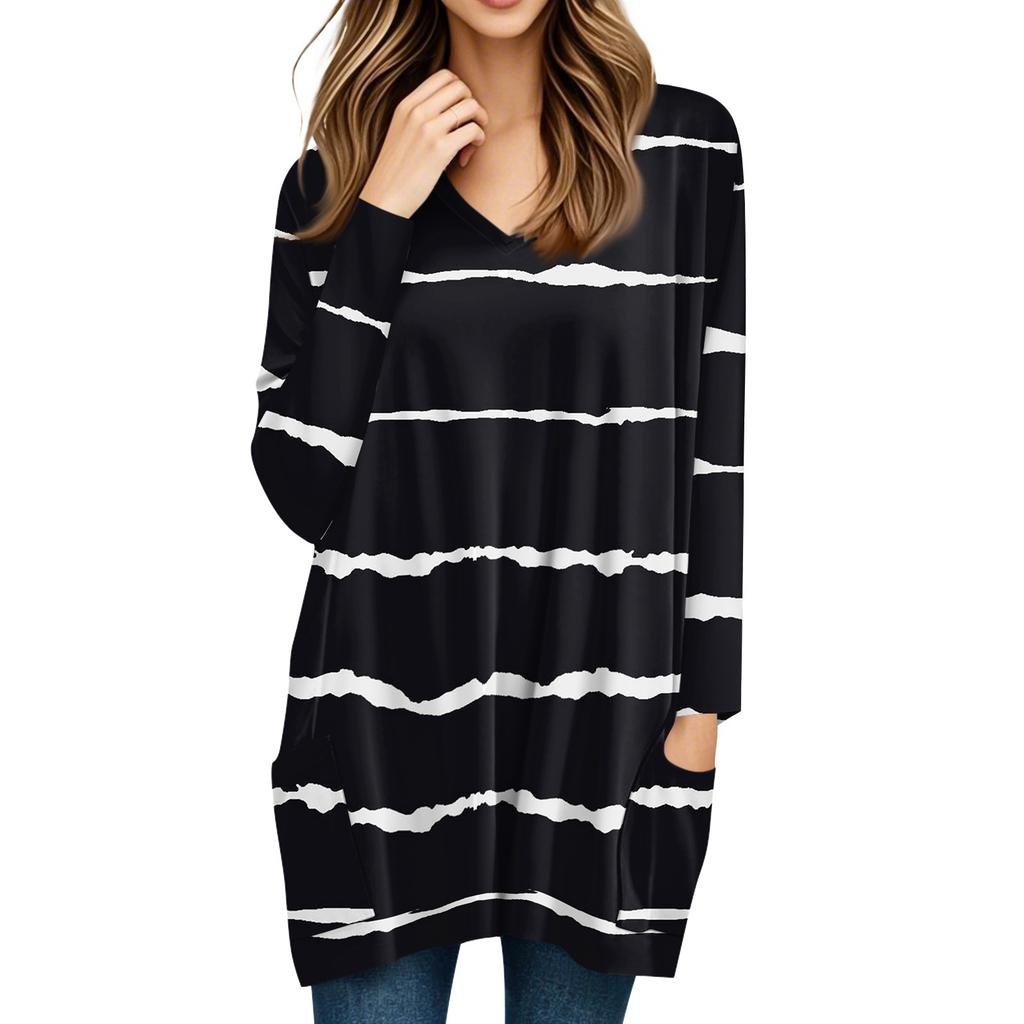 Womens Tops V-neck Long Sleeve Blouses Casual Mid-length Shirts Fashion Print Tunic Tops With Pockets