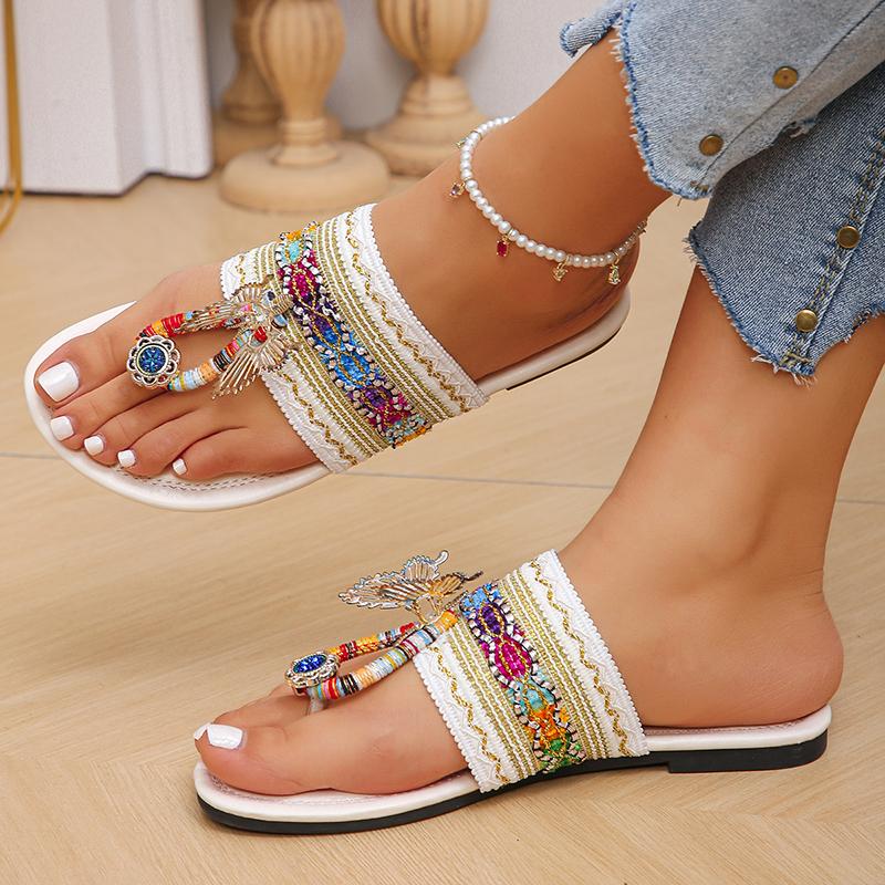 Fashion Butterfly Decor Clip Toe Women Slippers Bohemian Colorful Knitting Flat Sandals Woman Summer Comfort Non Slip Beach Flip Flops