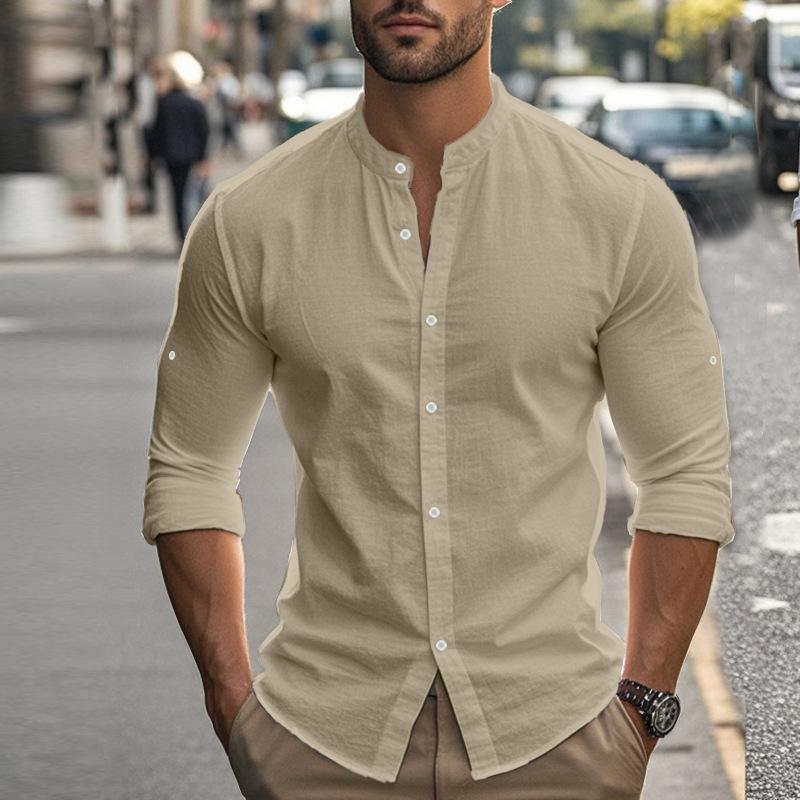 Men S Long Sleeve Stand Collar Solid Color Casual Shirt Plus Size