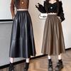 Women's Black High Waist Leather Midi Skirt - Autumn/Winter 2025 Bodycon A-Line Umbrella Style