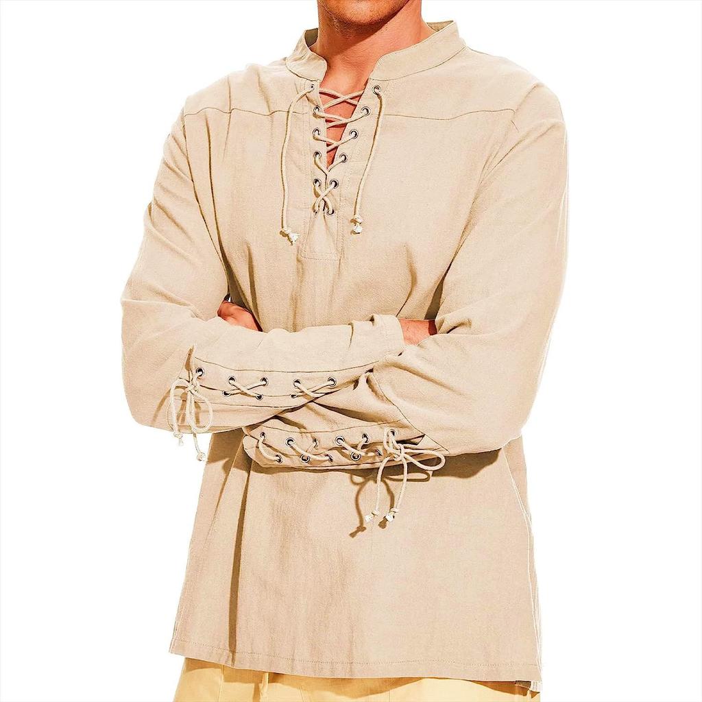 Cotton Linen Shirts for Men Medieval Costume Beach Tops Shirt Pull On Male Loose Casual Streetwear Cosplay Long Sleeve
