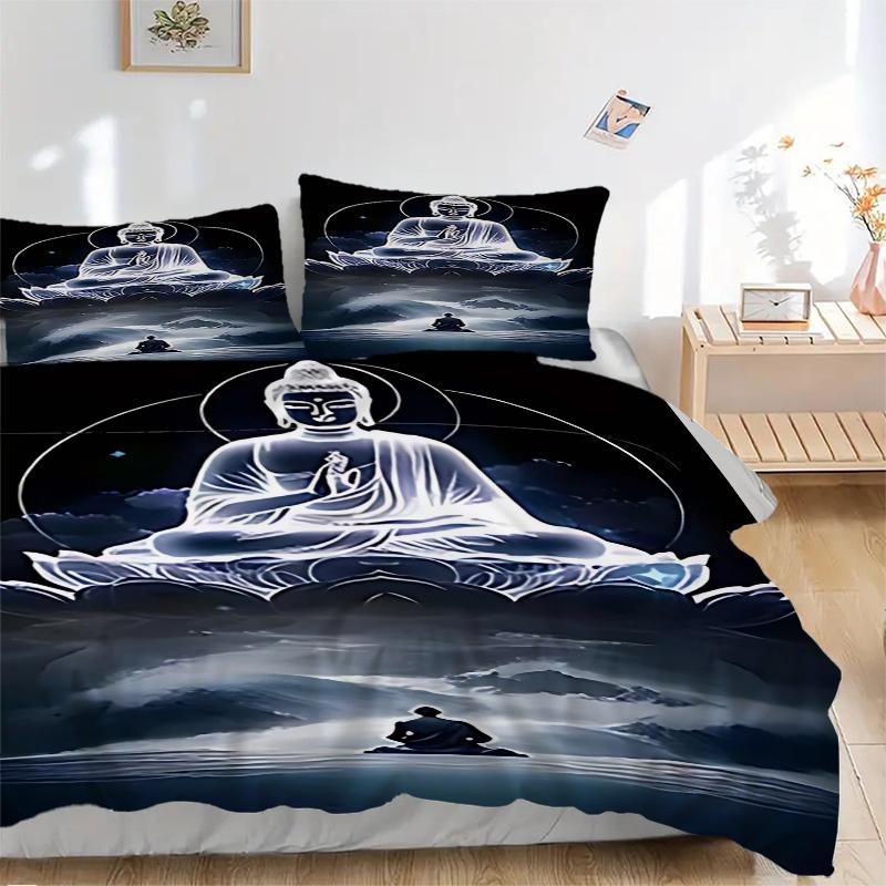 3pcs Buddha Statue Comforter Set with One Quilt Cover and Two Pillowcases (No Core) - Anime Cartoon Design, Perfect for Bedroom and Guest Room Decorat
