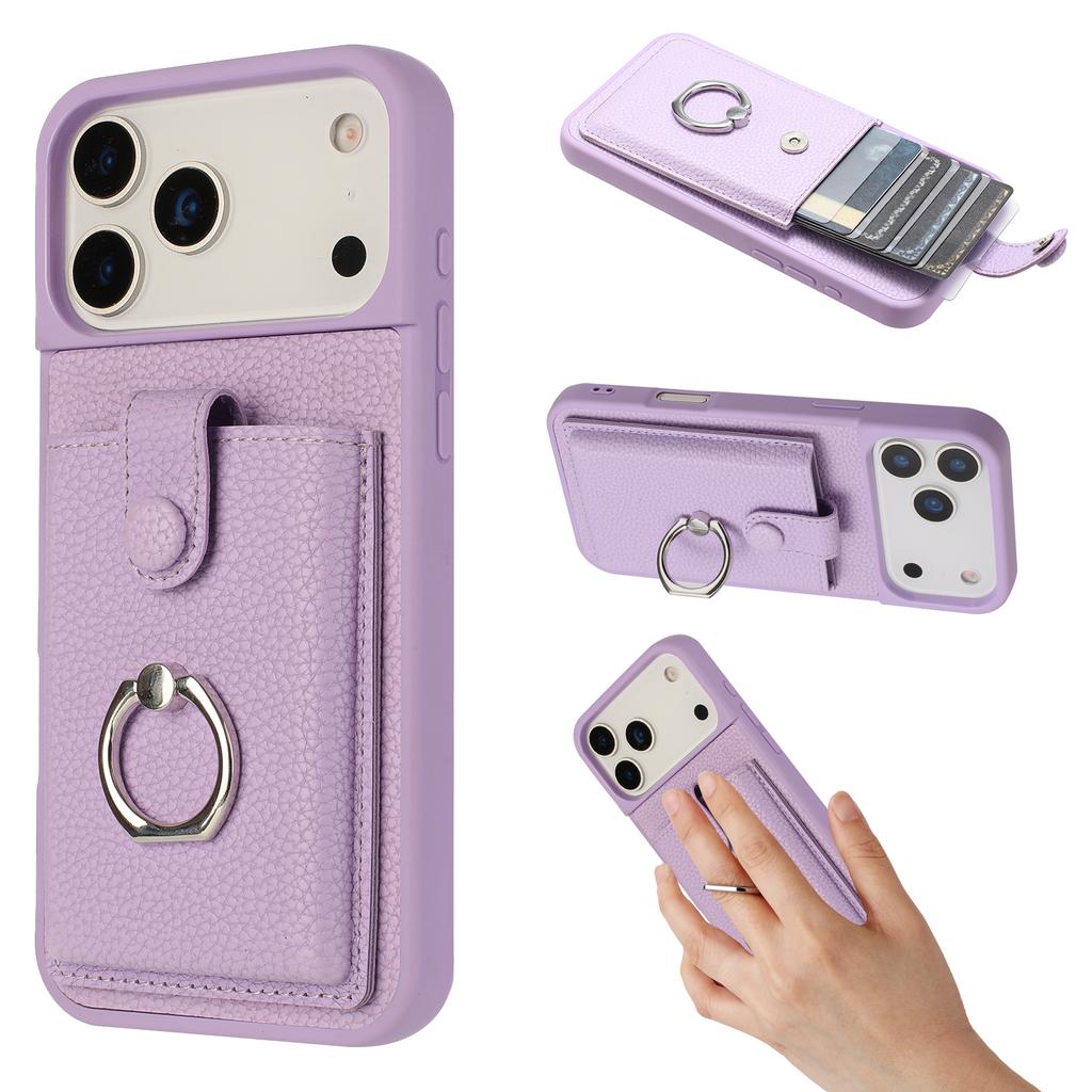 For iPhone 17 Pro Max Case with Ring Kickstand Drawing Type Card Slots Leather Back Cover