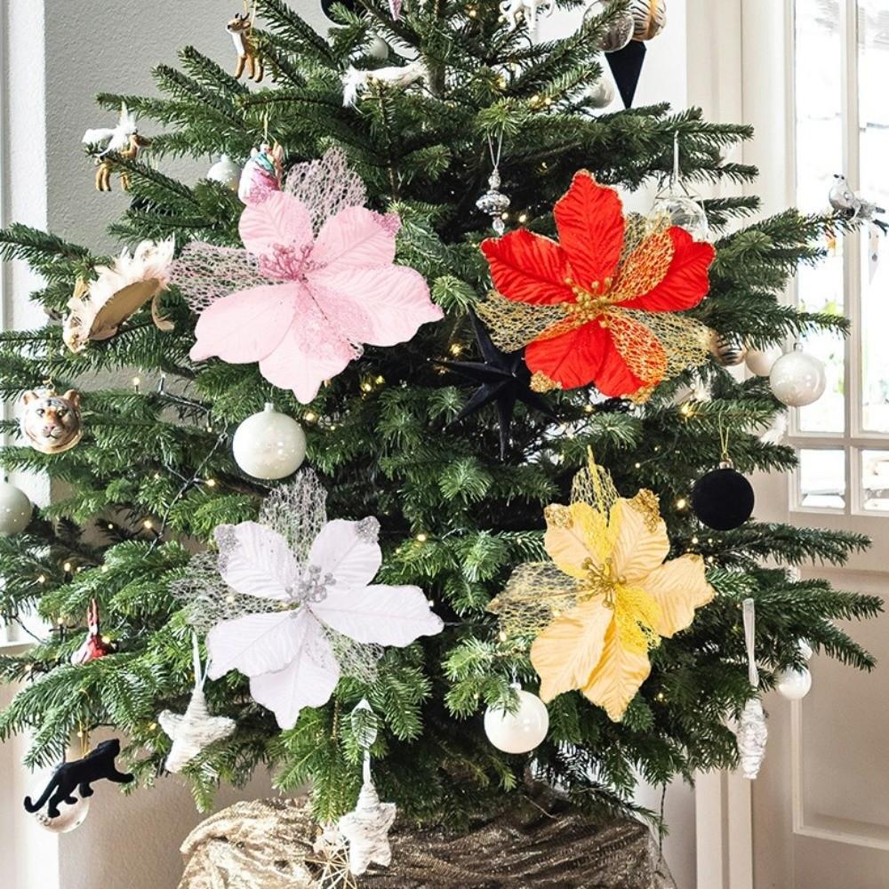 New 26CM Artificial Poinsettia Flower Sequins Sparkling Simulation Flowers Glitter Christmas Glitter Flower New Year Festival