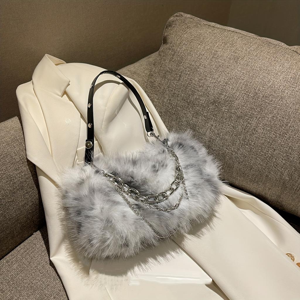 Classic Tie Dye Plush Satchel Bag, Women's Novelty Handbag, Faux Fur Chain Decor Purse For Winter