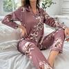 Women's Sleepwear Autumn Floral Print Lapel Collar Long-Sleeved Pajamas Pyjama Satin Pajama Pants Home Clothes Lounge Set
