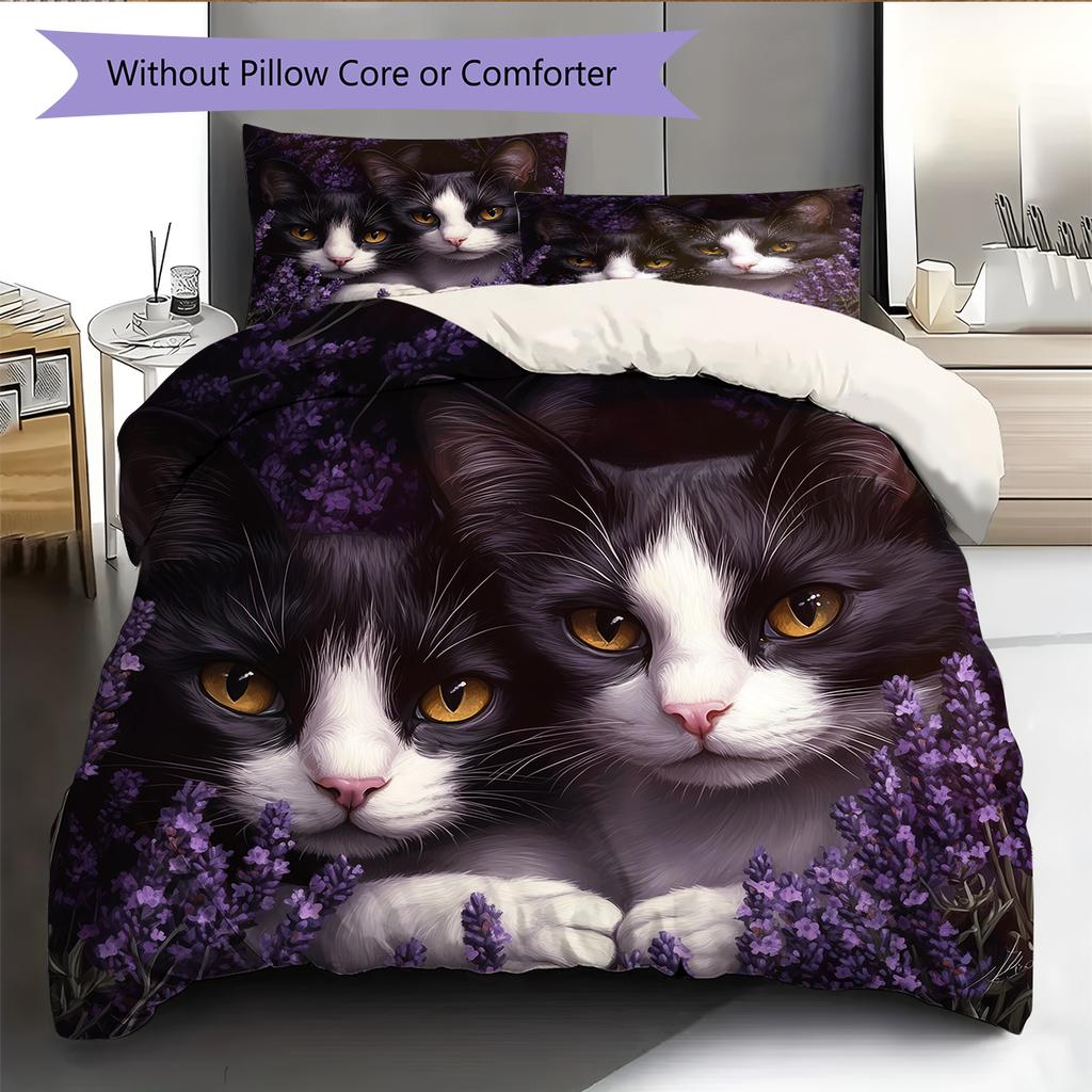 Beautiful Cow Cat Pattern Bedding Home Decoration Birthday Gift (1 * duvet cover + 2 * pillowcase, without core)